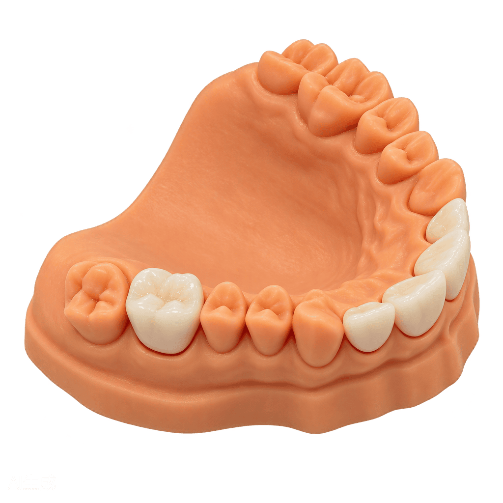 3D printed temporary crowns on a dental model